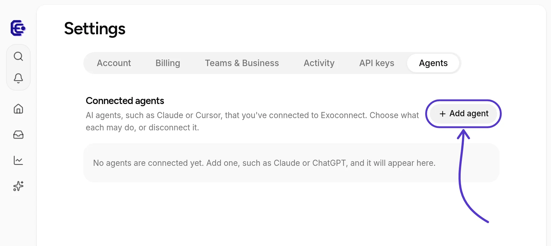 Settings, Agents, with an arrow pointing at the Add agent button.